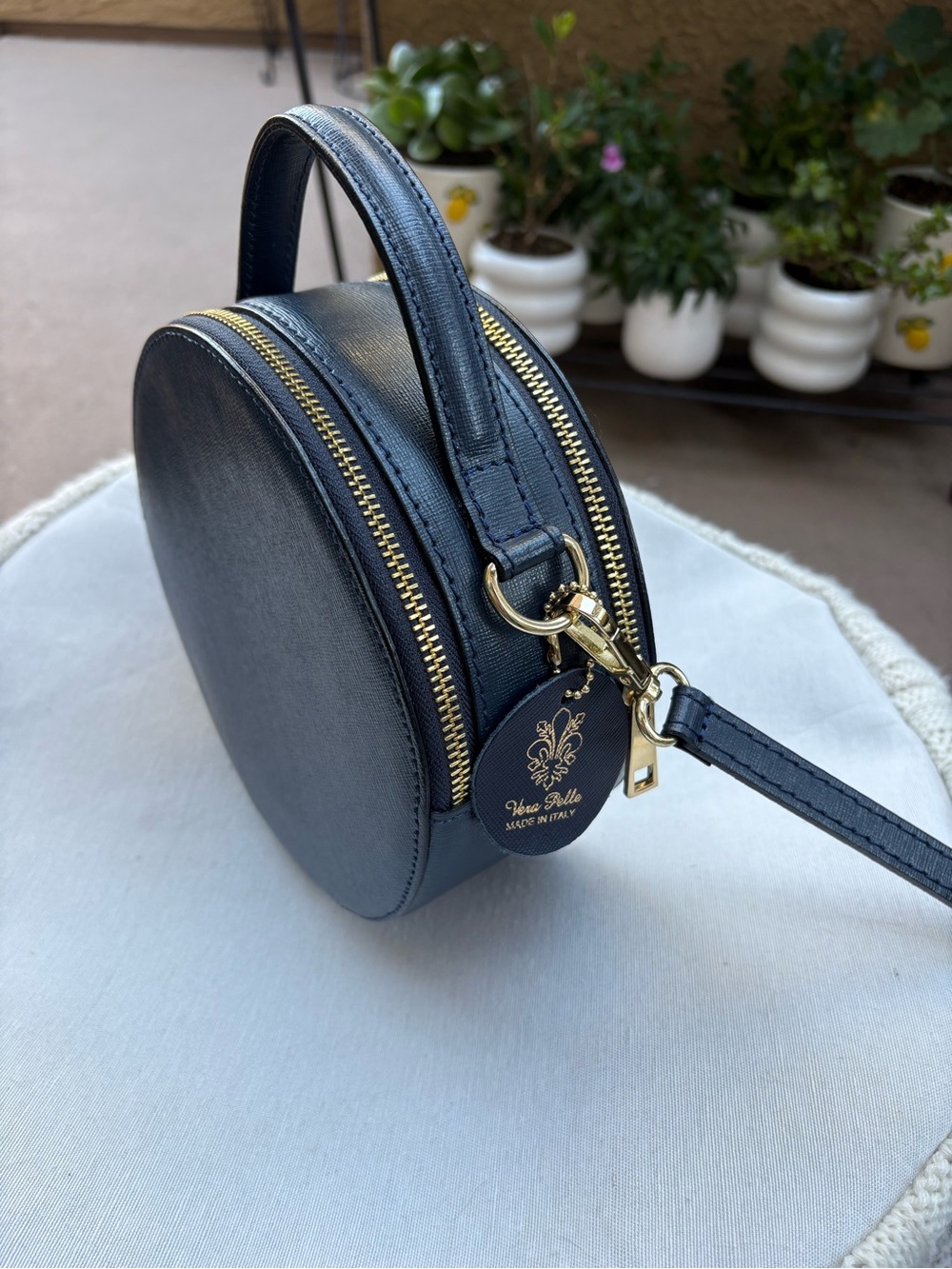 Vera Pelle Navy Round Top-Handle Mini Crossbody with Gold Hardware